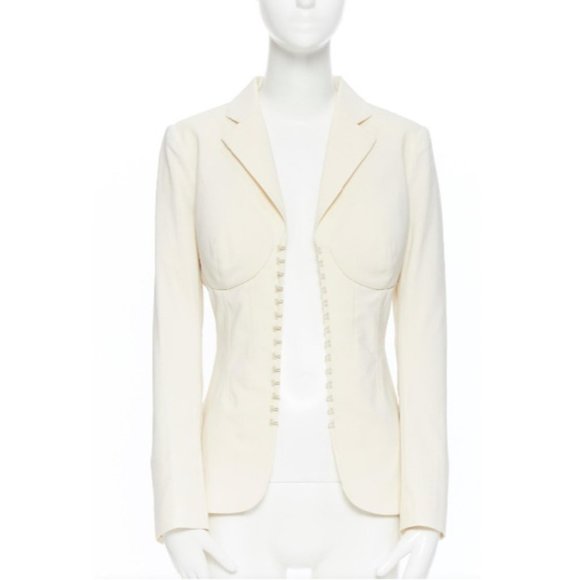 PREOWNED $2K LA PERLA SS17 RUNWAY CORSET CREAM STRETCH WOOL BLAZER IT 46C US 10 - Picture 8 of 15